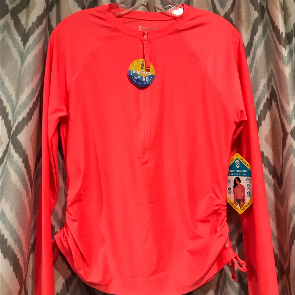 Free Country Brand New Womans Top Long Sleeve Zipper Elastic Tie Sides Coral Md